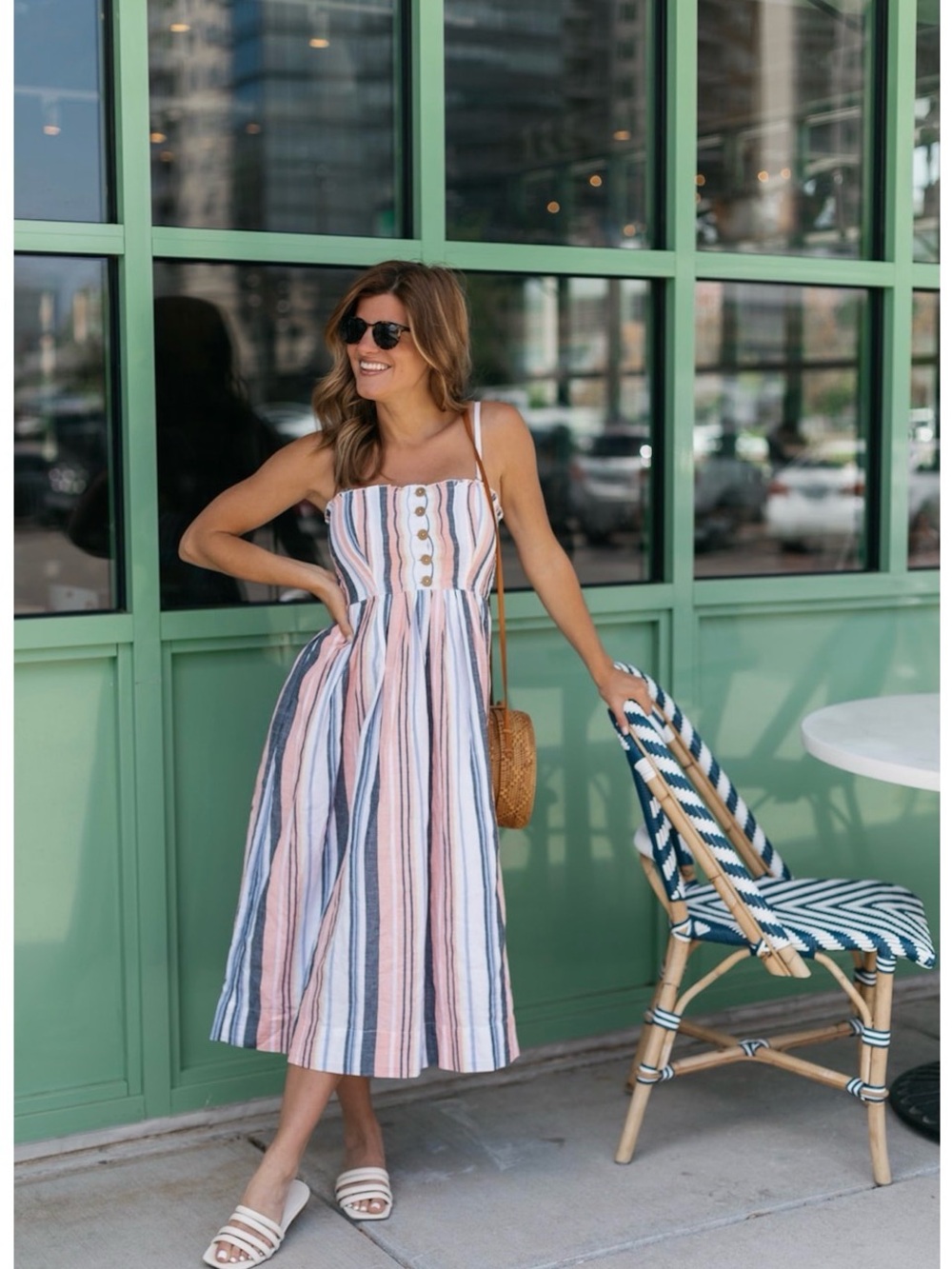 Free People Striped Spaghetti-Strap Midi Dress in Pink, Blue, and White